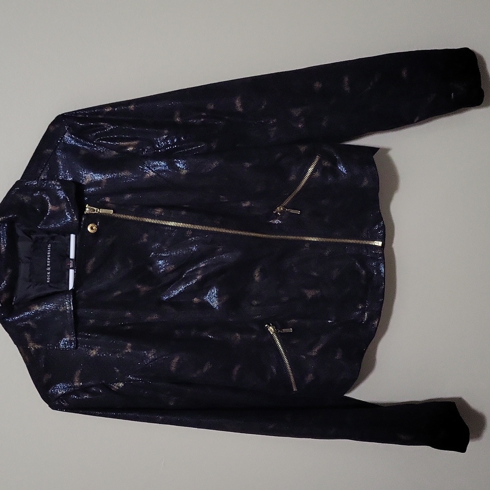 NWT Rock & Republic Jacket Moto Large Black Copper Snake Print Faux Leather